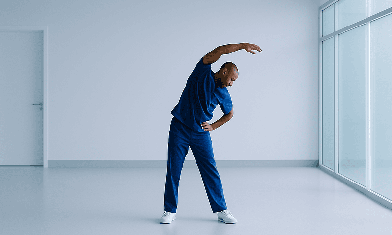 Person stretching in a bright, modern room with large windows.