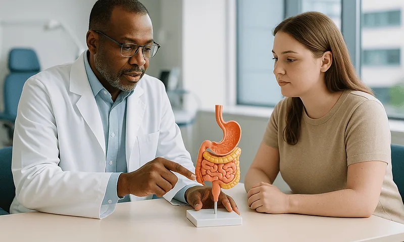 Doctor explaining stomach anatomy to a patient with a model.