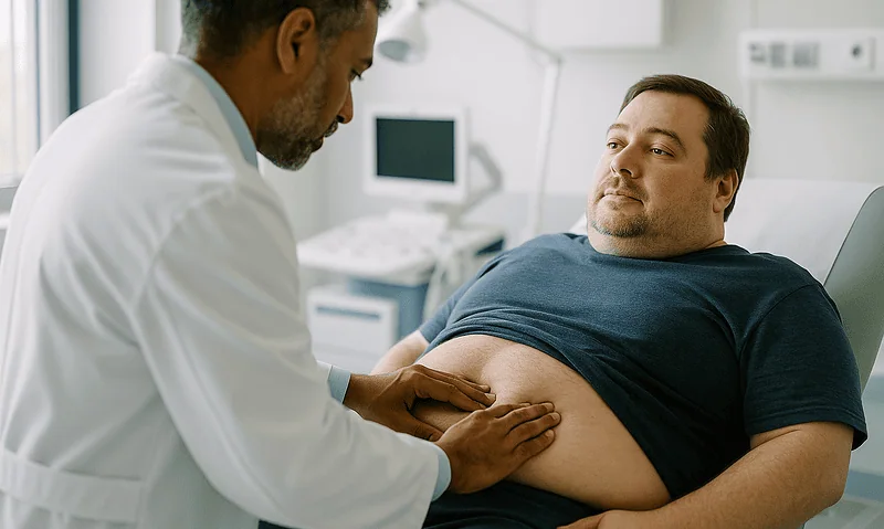 Doctor examining a patient's abdomen in a medical consultation room.