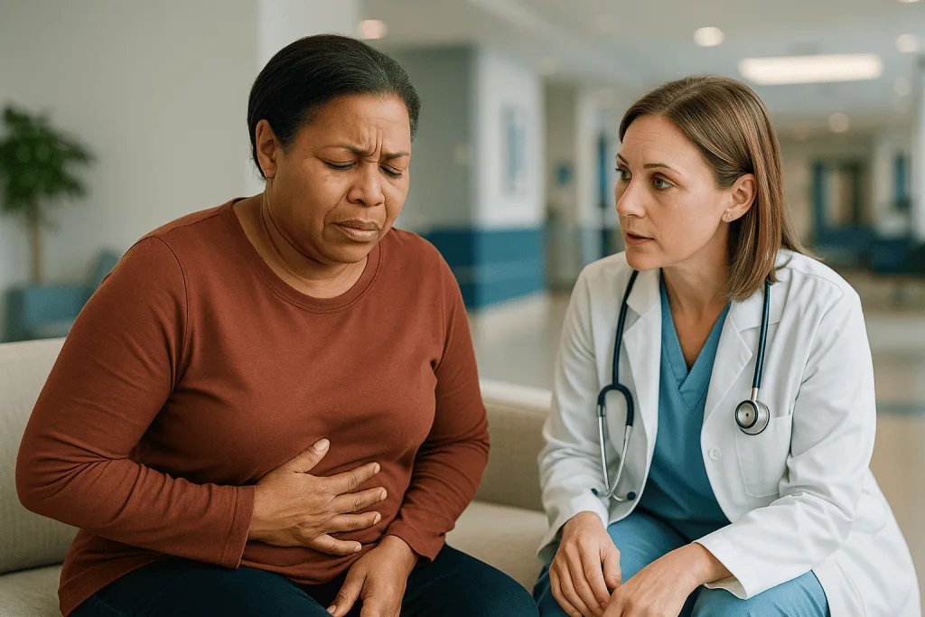 Doctor consulting patient about abdominal pain in clinic: Gastric sleeve leak symptoms: what patients actually notice first