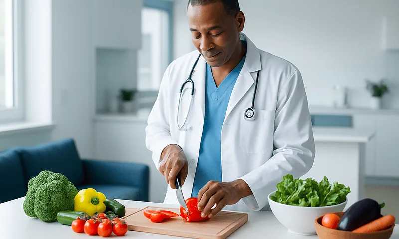 Doctor preparing vegetables in a modern clinic kitchen for pre-op diet.