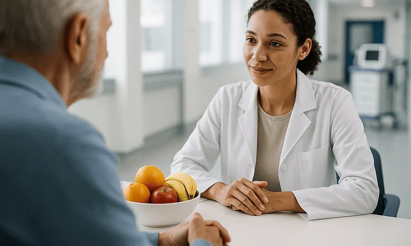 Doctor consulting with patient about post-surgery nutrition and recovery.