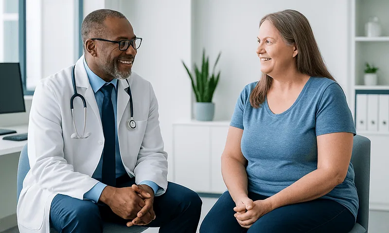 Doctor consulting with a female patient in a modern clinic setting.