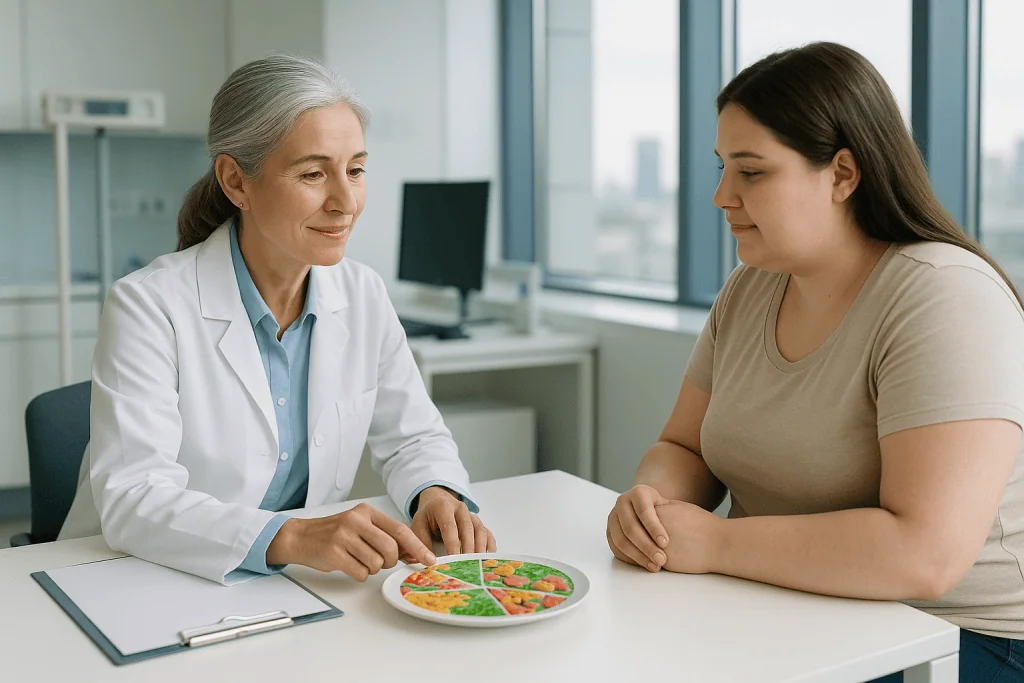 Doctor explaining gastric sleeve options to a patient in a modern clinic.