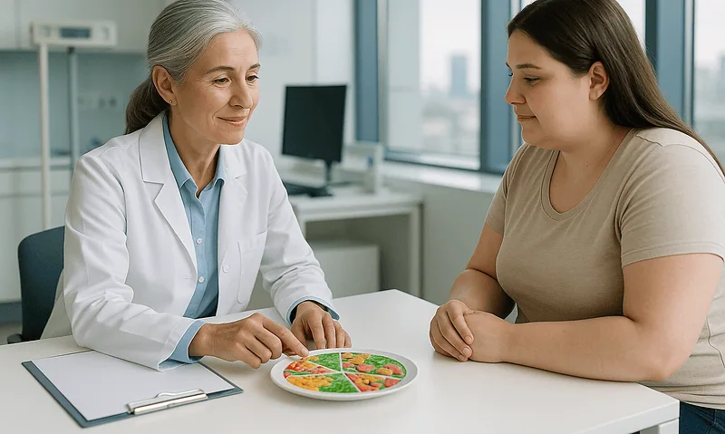 Doctor explaining gastric sleeve options to a patient in a modern clinic.