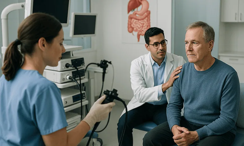 Gastroenterologist examines a patient with endoscopy equipment in a hospital.