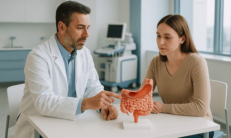 Doctor explaining gastrointestinal issues to a patient with a model of the digestive system.
