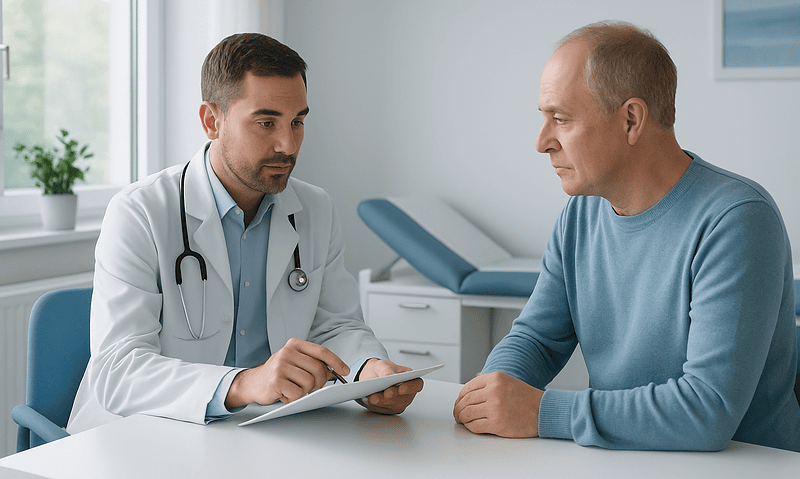 Doctor consulting with an older male patient in a medical office.