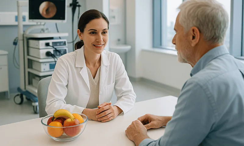 Doctor consulting with an elderly male patient in a medical office.