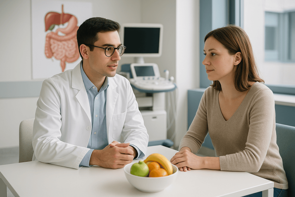 Gastrointestinal Bleeding 1 Doctor consulting with a patient about gastrointestinal health in a hospital setting.