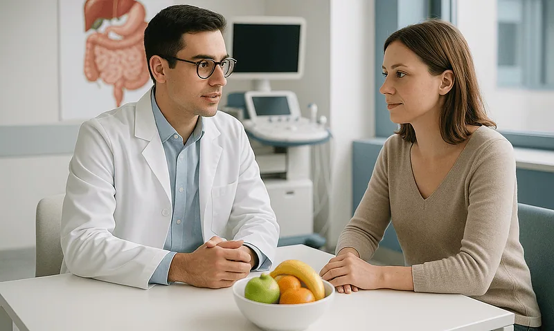 Doctor consulting with a patient about gastrointestinal health in a hospital setting.