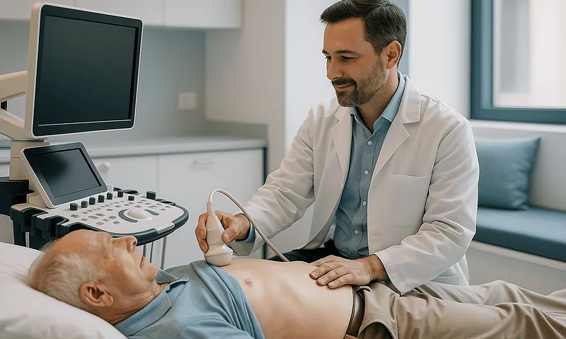 Doctor performing an abdominal ultrasound on an elderly male patient in a hospital room.