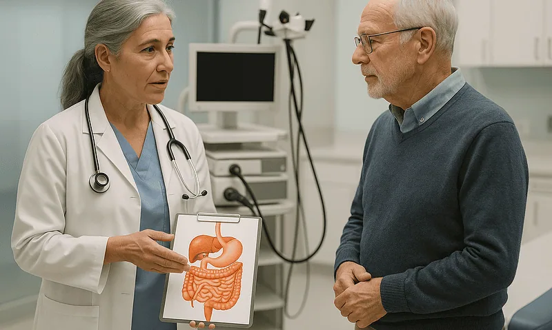 Doctor explaining digestive system to patient in a medical consultation.