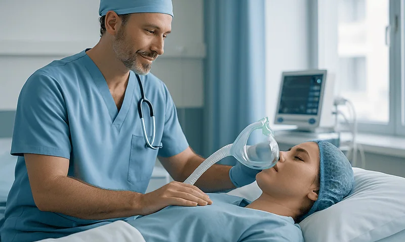 An anesthesiologist preparing a patient for surgery with a mask.
