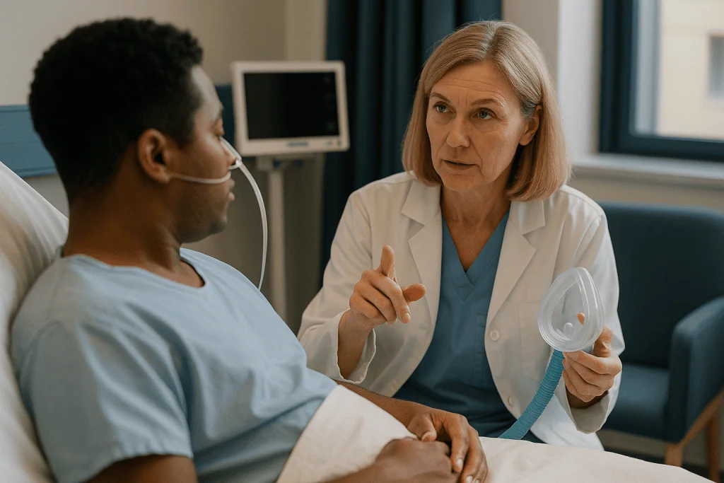 Doctor consulting with male patient using inhaler mask: General anesthesia for gyno surgery: why many surgeons prefer it