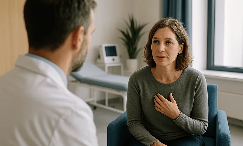Woman discussing health concerns with a doctor in a consultation room.
