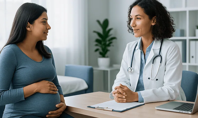 Pregnant woman consulting with a doctor in a medical office.