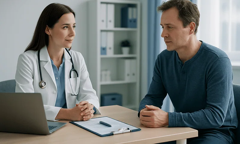 Doctor consulting with a patient about genetic testing for Huntington's disease.