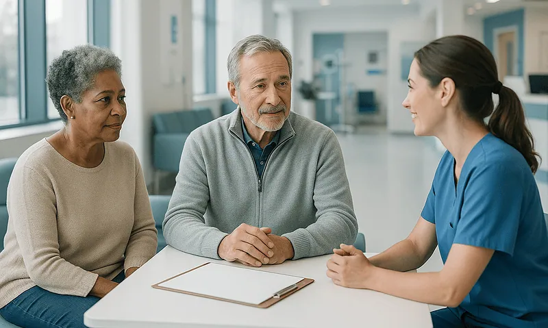 Doctor discussing genetic testing with senior patients in a hospital setting.