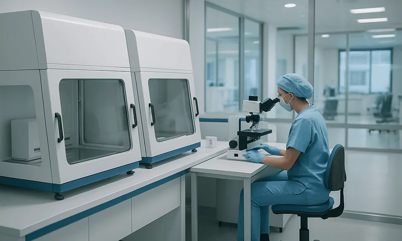 Laboratory technician using a microscope in a modern medical lab.
