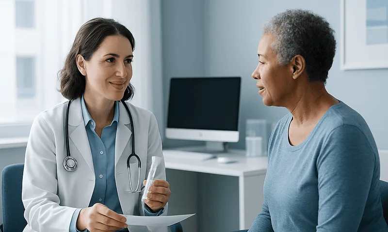 Doctor consulting with an elderly patient in a medical office.