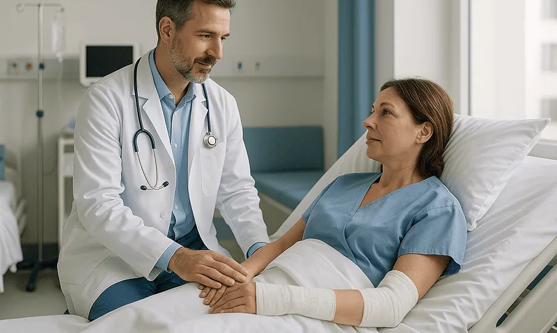 Doctor consulting with a patient in a hospital room.