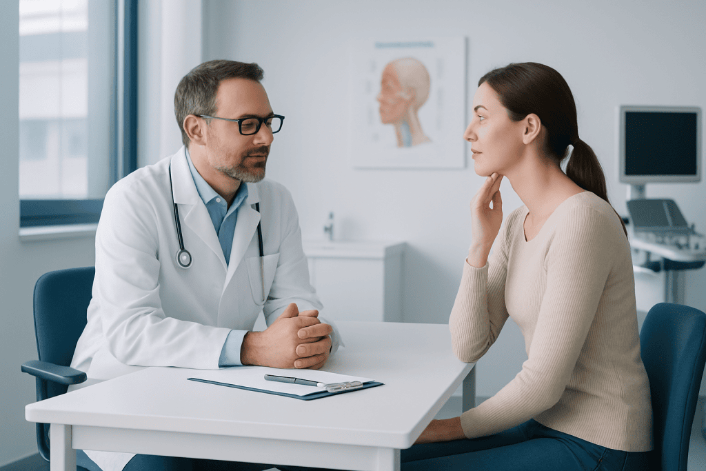Genioplasty 1 Doctor consulting with a patient in a medical office setting.