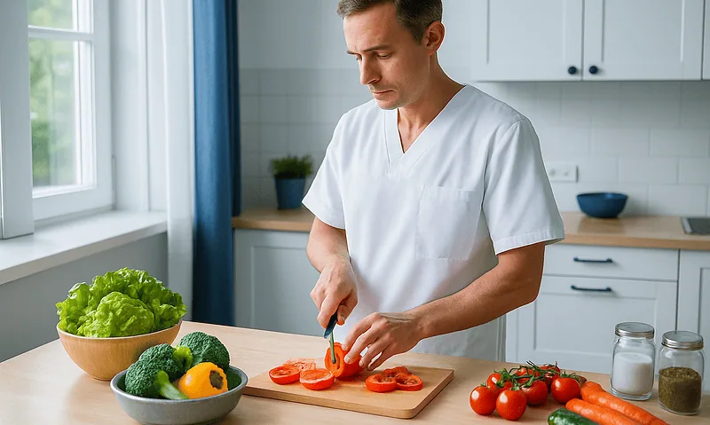 Male chef preparing vegetables in a modern kitchen.