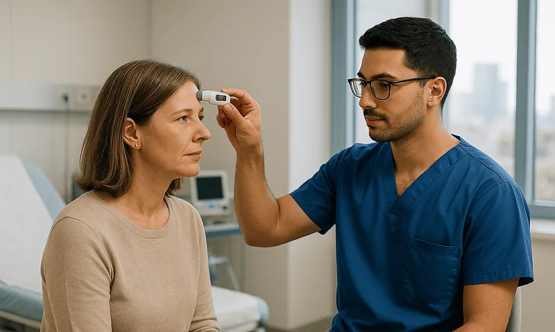 Doctor examines patient's forehead in a medical consultation room.