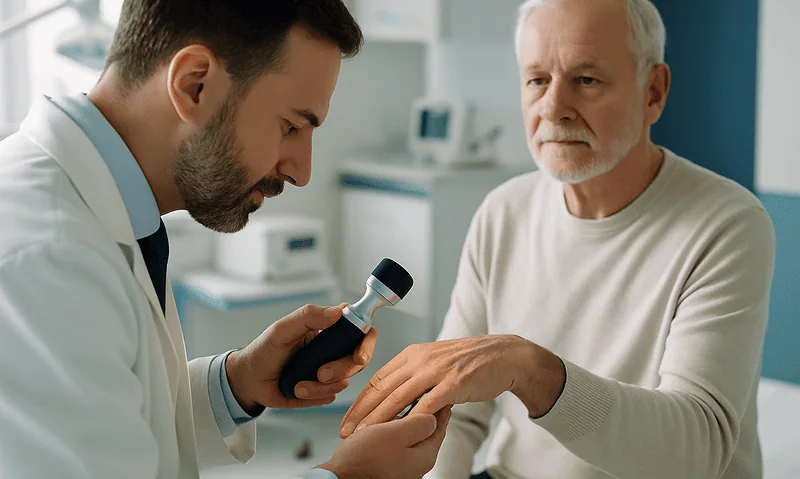 Doctor examining patient's hand in a medical consultation room.