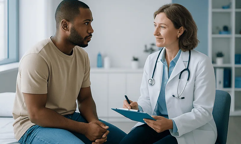 Genital Warts: How Long They Take to Appear, Whether They Go Away, and Whether They Stay for Life 8 Doctor consulting with a male patient in a medical office setting.
