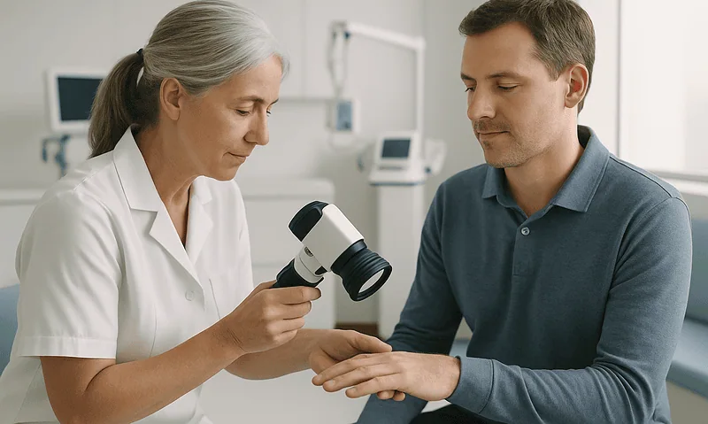 Doctor examining patient's hand with a dermatoscope in a medical clinic.