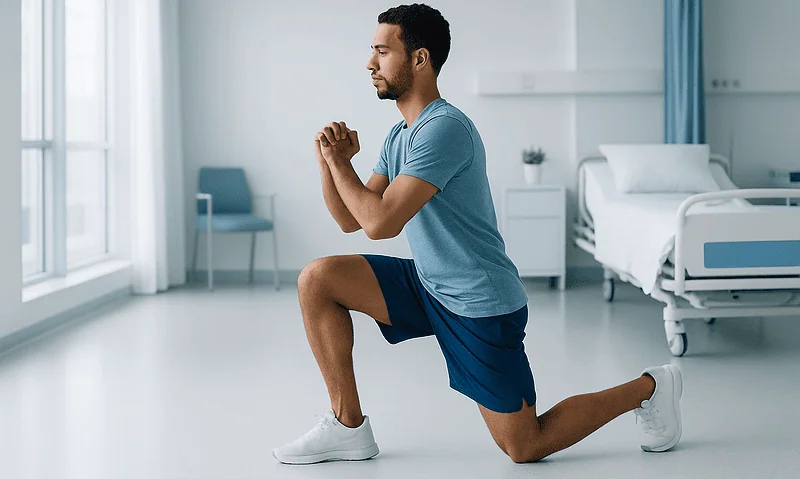 Man performing knee exercise in hospital room for physical therapy.