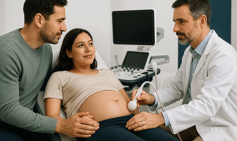 Pregnant woman at a medical checkup with doctor and partner in hospital.