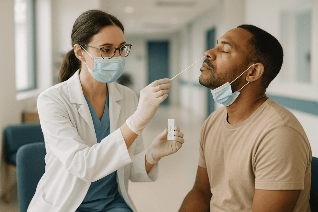 Healthcare provider performing nasal swab COVID-19 test on patient: Getting a COVID test abroad: antigen, PCR, and what the 