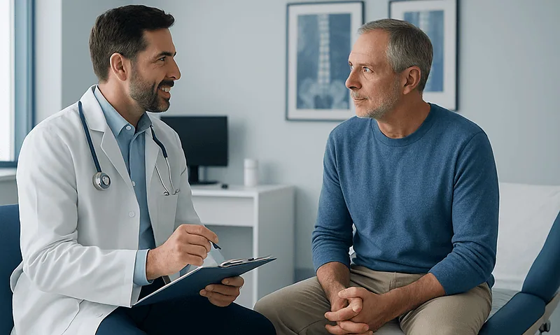 Doctor consulting with a patient in a medical office setting.