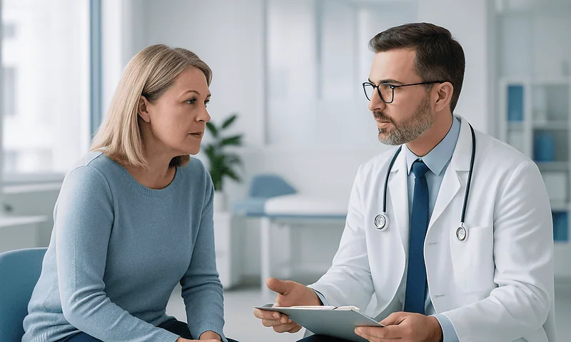 Doctor discussing melanoma diagnosis with a patient in a clinical setting.