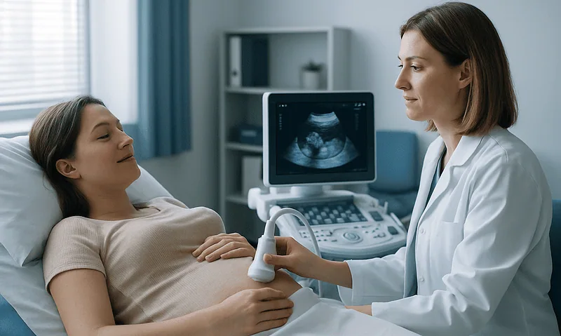 Doctor performs ultrasound on pregnant woman in hospital room.