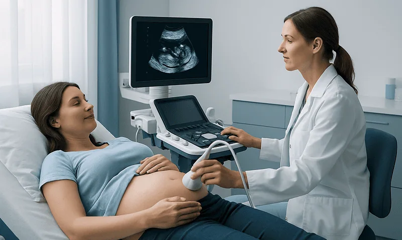 Pregnant woman undergoing ultrasound at Acibadem Hospital for fertility assessment.