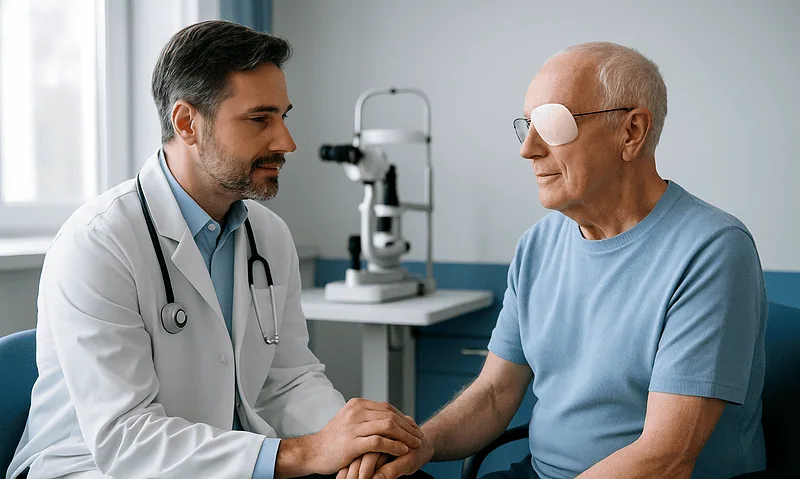 Ophthalmologist consulting with elderly patient in clinic.