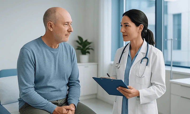 Doctor consulting with patient in hospital room for pre-op checkup.