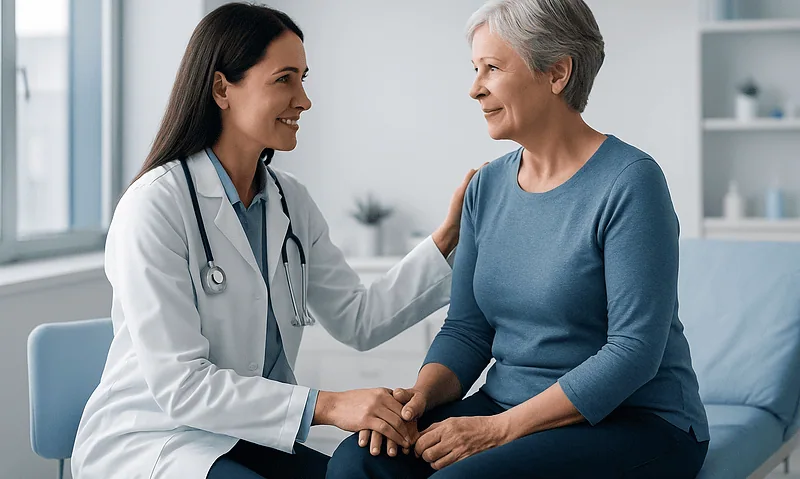 Doctor comforting elderly woman during medical consultation at hospital.