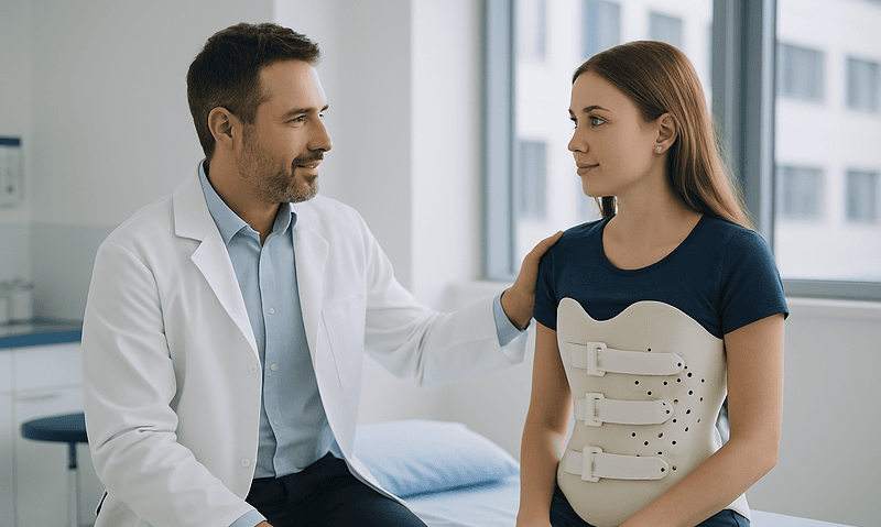 Doctor explaining scoliosis brace to young female patient in clinic.