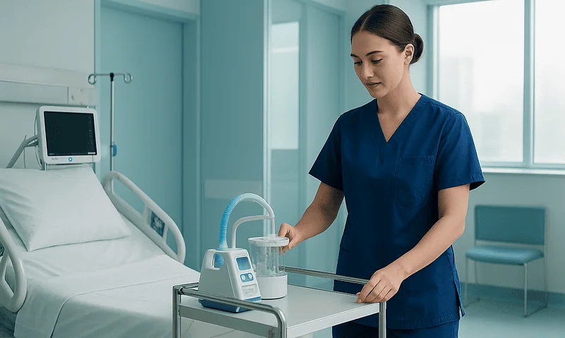 Nurse preparing medical equipment in a modern hospital room.