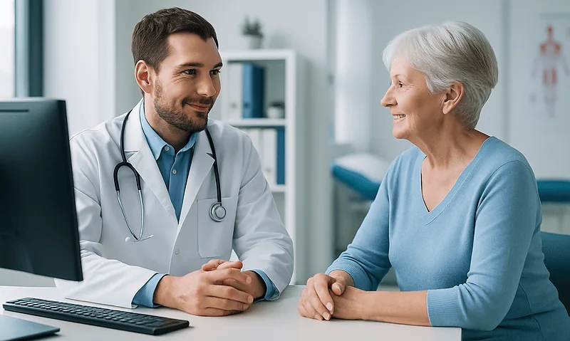 Doctor consulting with an elderly female patient in a medical office.