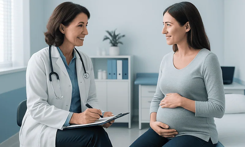 Doctor consulting pregnant woman in a medical office.