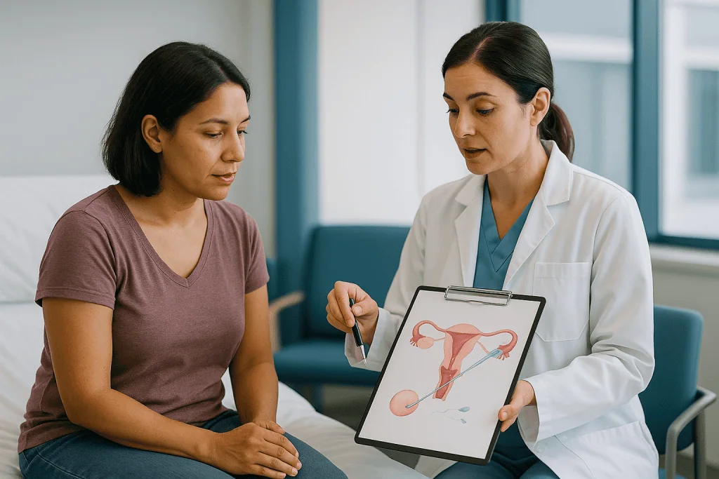 Doctor consulting patient about reproductive anatomy diagram: GIFT procedure: how it works in plain language