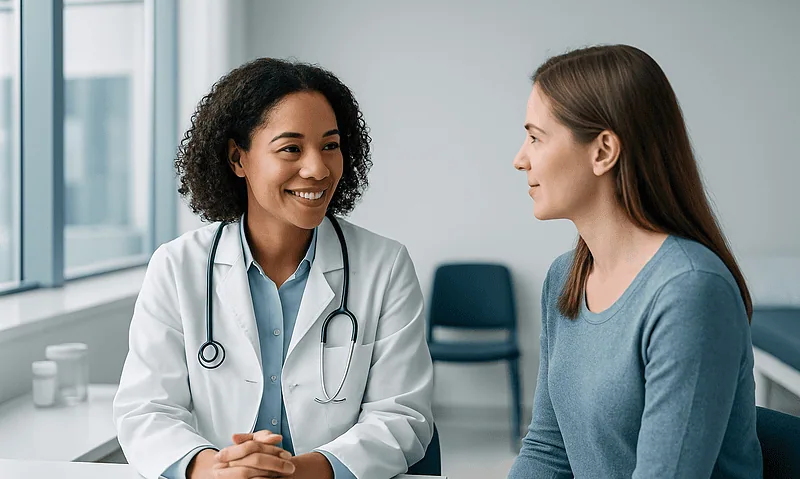Fertility specialist consulting a patient in a medical office.