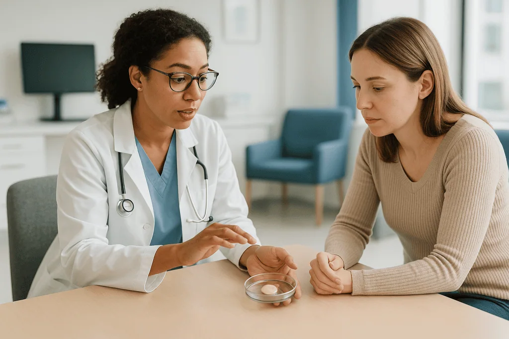 Female doctor consulting with adult female patient at desk: GIFT vs ZIFT: the middle option people often confuse with both