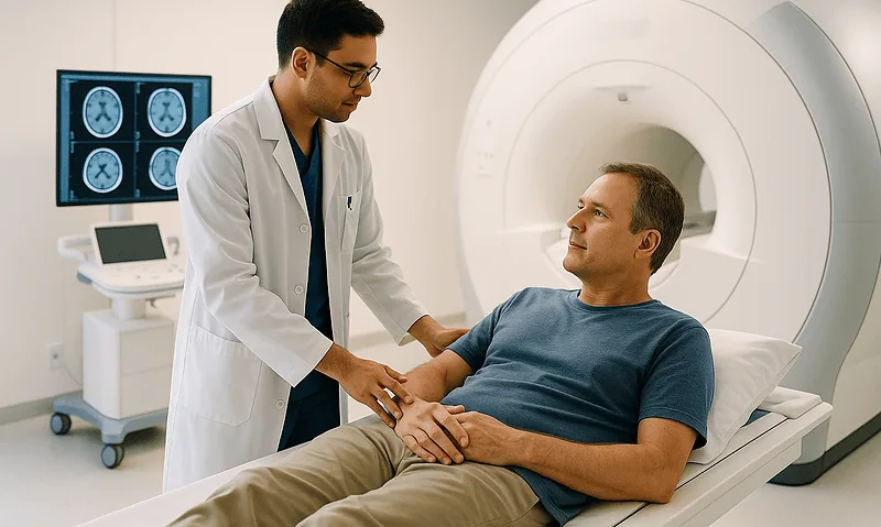 Doctor consulting with male patient before MRI scan at Acibadem Hospital.